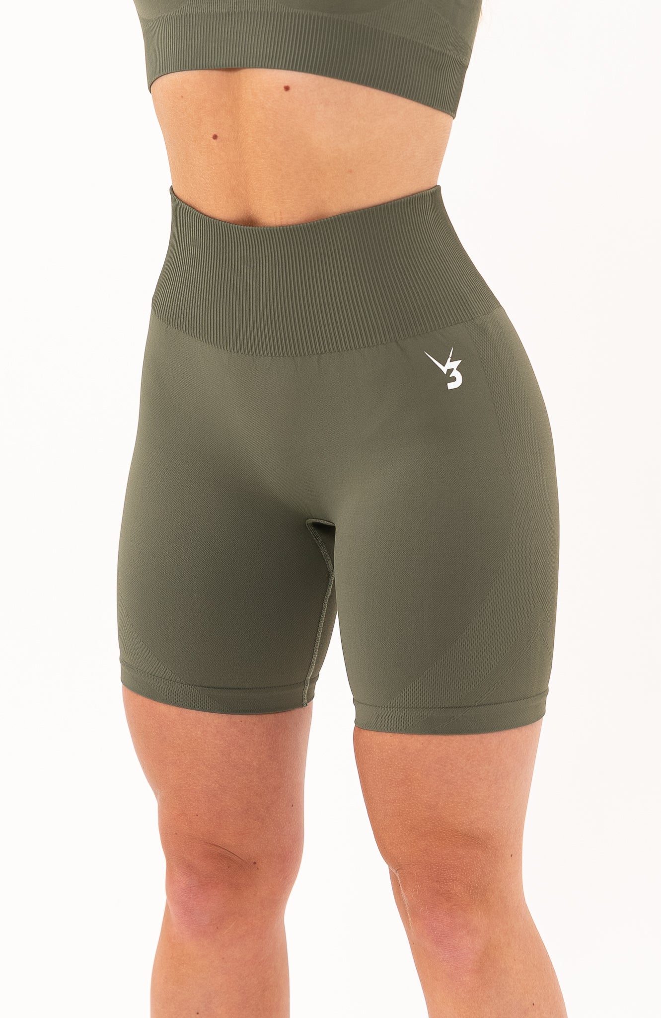 V3 Apparel Women's seamless Limitless high waisted cycle shorts in olive fade green – Squat proof 5 inch inseam leg bum enhancing shorts for Gym workouts training, Running, yoga, bodybuilding and bikini fitness.