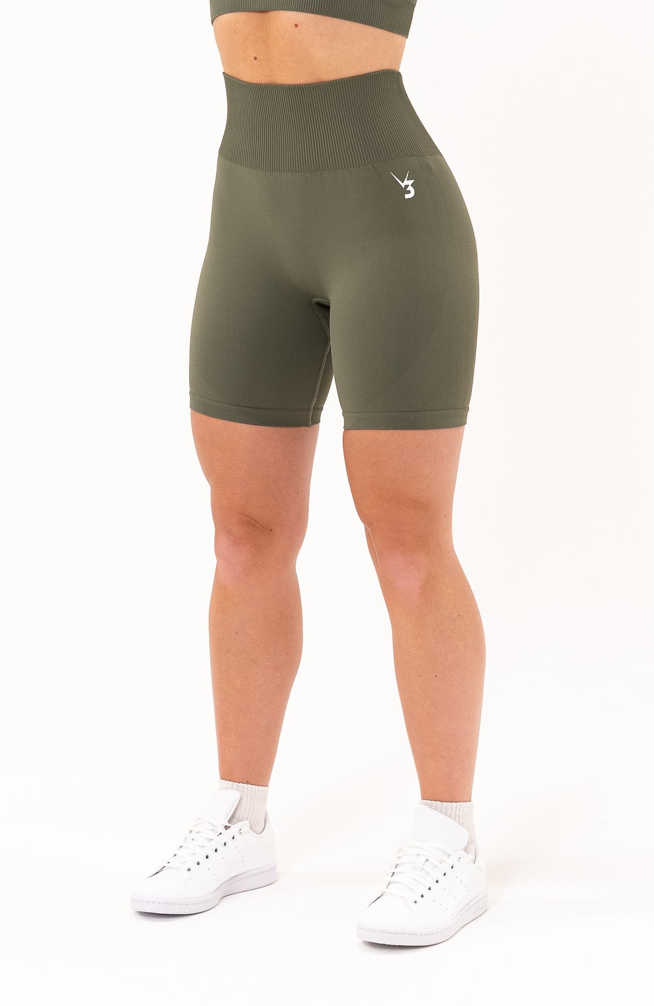 V3 Apparel Women's seamless Limitless high waisted cycle shorts in olive fade green – Squat proof 5 inch inseam leg bum enhancing shorts for Gym workouts training, Running, yoga, bodybuilding and bikini fitness.