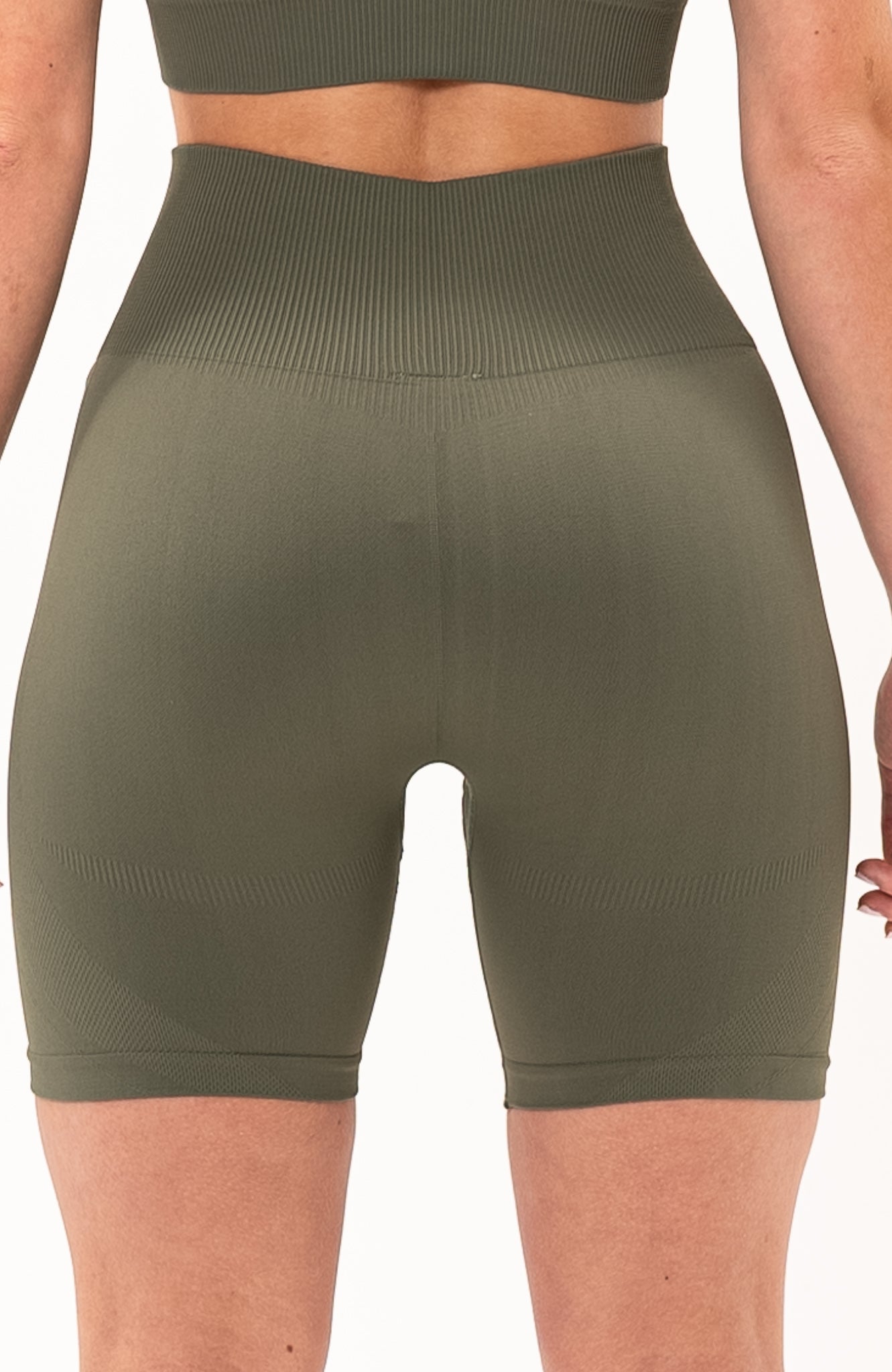 V3 Apparel Women's seamless Limitless high waisted cycle shorts in olive fade green – Squat proof 5 inch inseam leg bum enhancing shorts for Gym workouts training, Running, yoga, bodybuilding and bikini fitness.